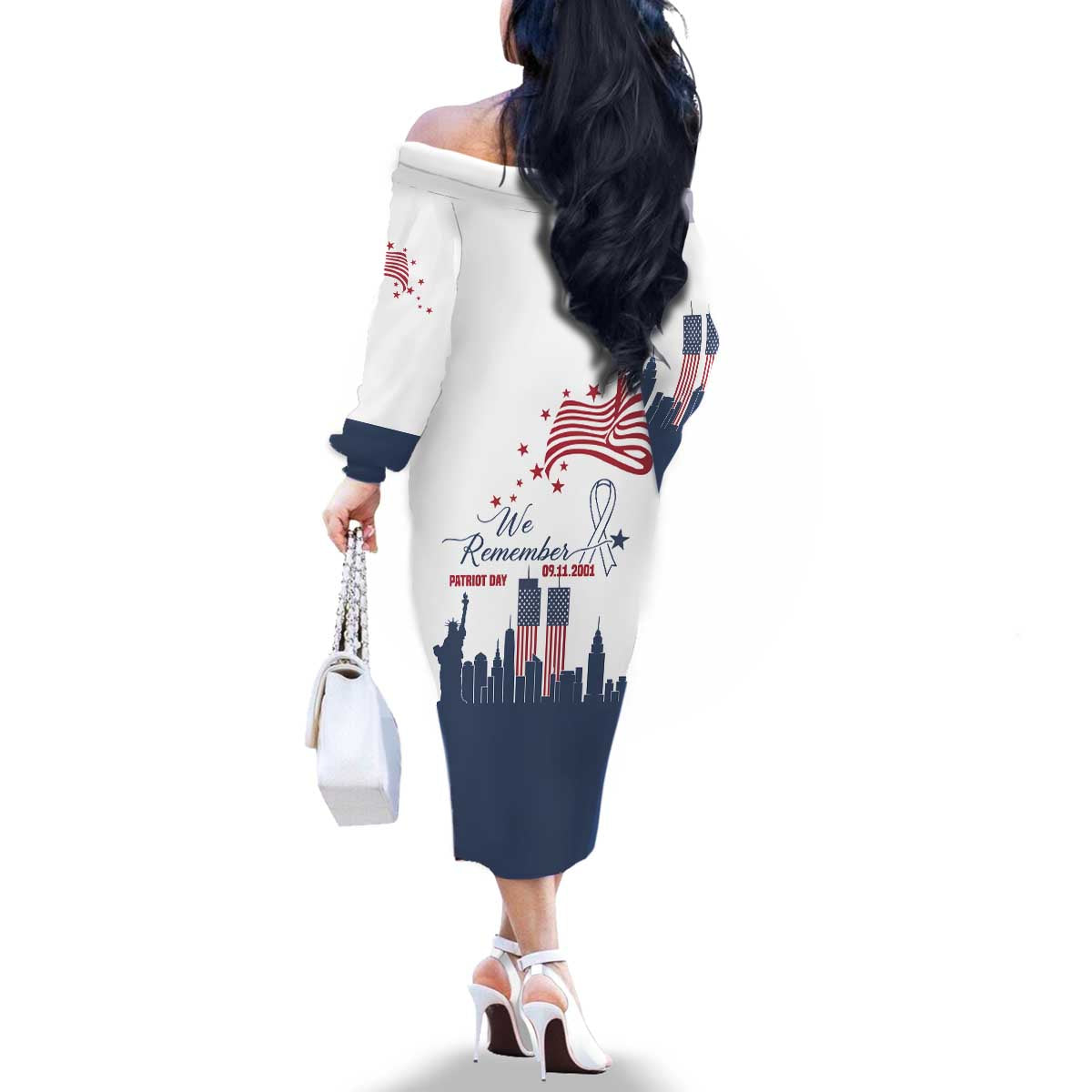 Patriot Day 911 Memorial Family Matching Off The Shoulder Long Sleeve Dress and Hawaiian Shirt American Flag and New York City Skyline Design - Wonder Print Shop