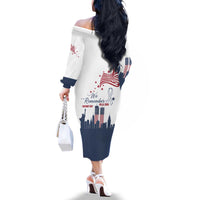 Patriot Day 911 Memorial Family Matching Off The Shoulder Long Sleeve Dress and Hawaiian Shirt American Flag and New York City Skyline Design - Wonder Print Shop