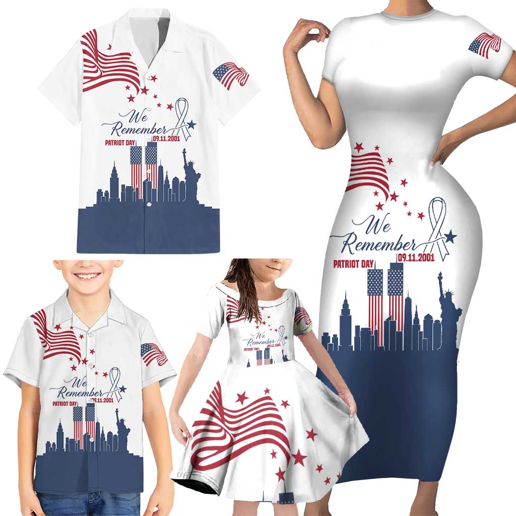 Patriot Day 911 Memorial Family Matching Short Sleeve Bodycon Dress and Hawaiian Shirt American Flag and New York City Skyline Design - Wonder Print Shop