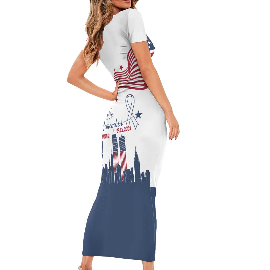Patriot Day 911 Memorial Family Matching Short Sleeve Bodycon Dress and Hawaiian Shirt American Flag and New York City Skyline Design - Wonder Print Shop