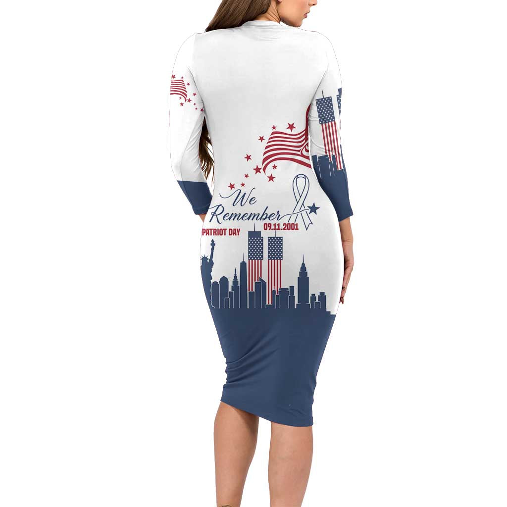 Patriot Day 911 Memorial Long Sleeve Bodycon Dress American Flag and New York City Skyline Design - Wonder Print Shop