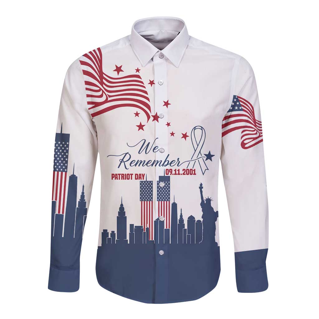 Patriot Day 911 Memorial Long Sleeve Button Shirt American Flag and New York City Skyline Design - Wonder Print Shop
