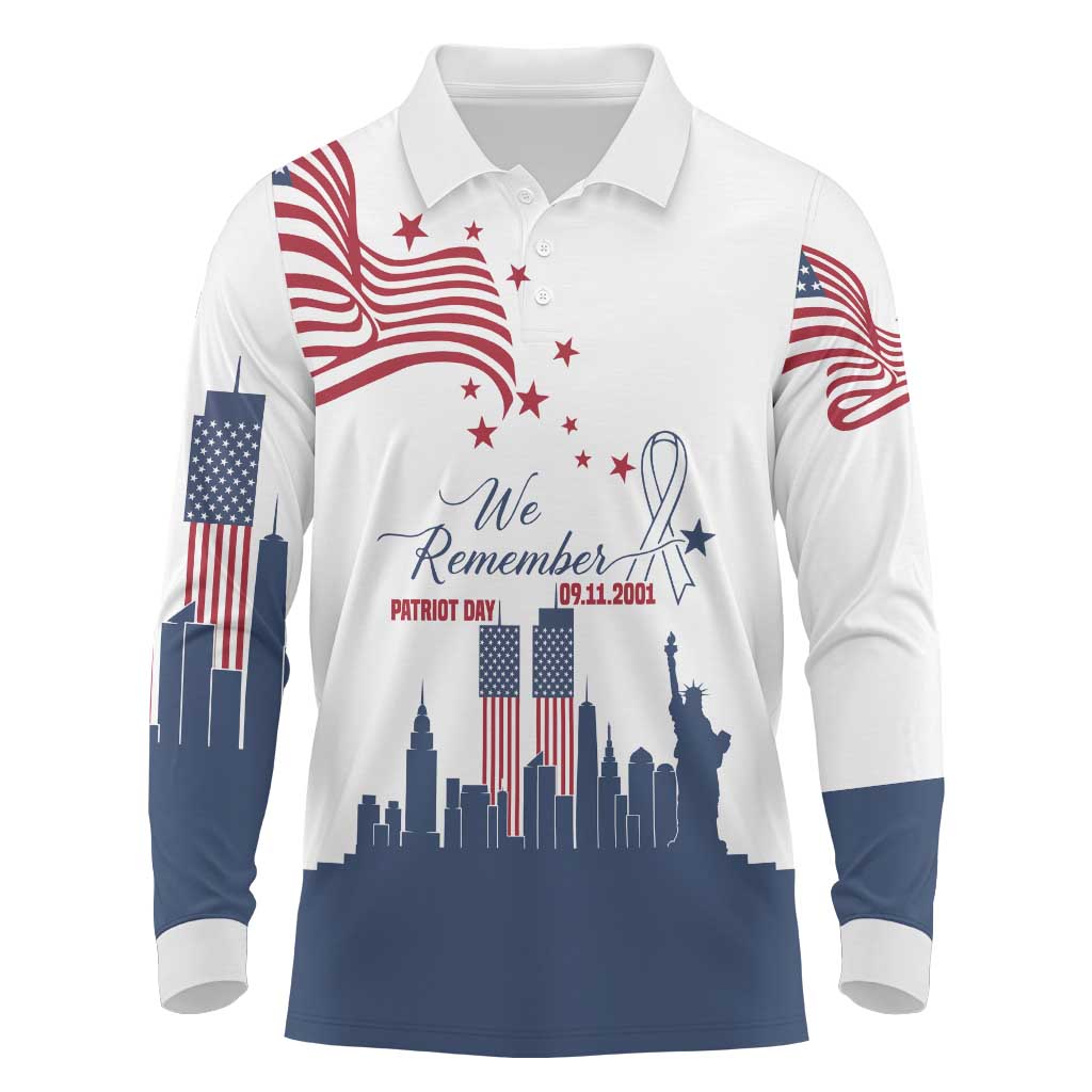 Patriot Day 911 Memorial Long Sleeve Polo Shirt American Flag and New York City Skyline Design - Wonder Print Shop