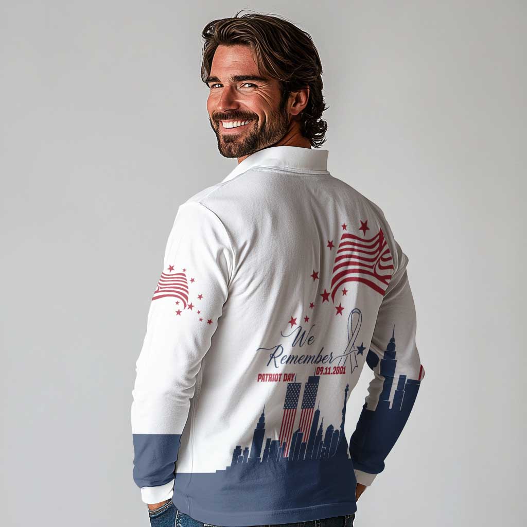 Patriot Day 911 Memorial Long Sleeve Polo Shirt American Flag and New York City Skyline Design - Wonder Print Shop