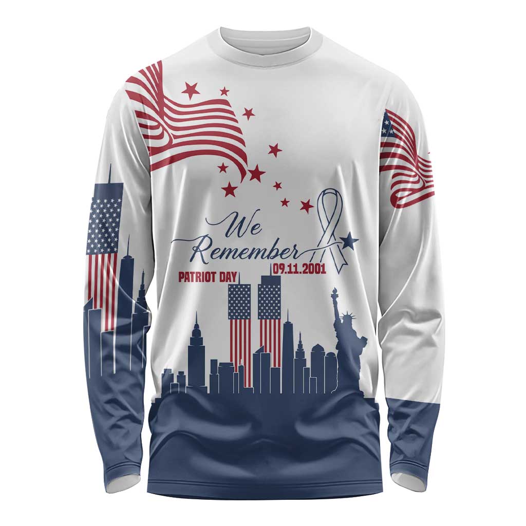 Patriot Day 911 Memorial Long Sleeve Shirt American Flag and New York City Skyline Design - Wonder Print Shop