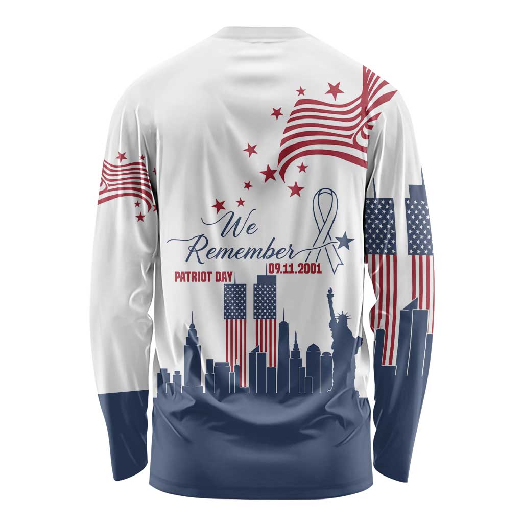 Patriot Day 911 Memorial Long Sleeve Shirt American Flag and New York City Skyline Design - Wonder Print Shop