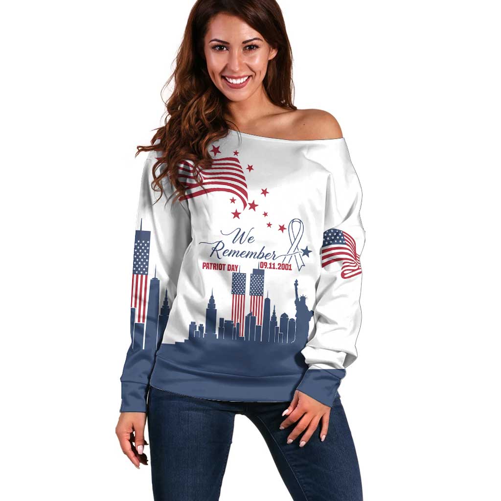 Patriot Day 911 Memorial Off Shoulder Sweater American Flag and New York City Skyline Design - Wonder Print Shop