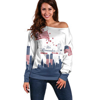 Patriot Day 911 Memorial Off Shoulder Sweater American Flag and New York City Skyline Design - Wonder Print Shop