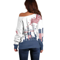 Patriot Day 911 Memorial Off Shoulder Sweater American Flag and New York City Skyline Design - Wonder Print Shop