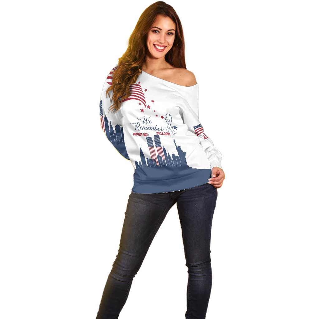 Patriot Day 911 Memorial Off Shoulder Sweater American Flag and New York City Skyline Design - Wonder Print Shop