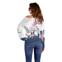 Patriot Day 911 Memorial Off Shoulder Sweater American Flag and New York City Skyline Design - Wonder Print Shop