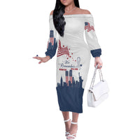Patriot Day 911 Memorial Off The Shoulder Long Sleeve Dress American Flag and New York City Skyline Design - Wonder Print Shop