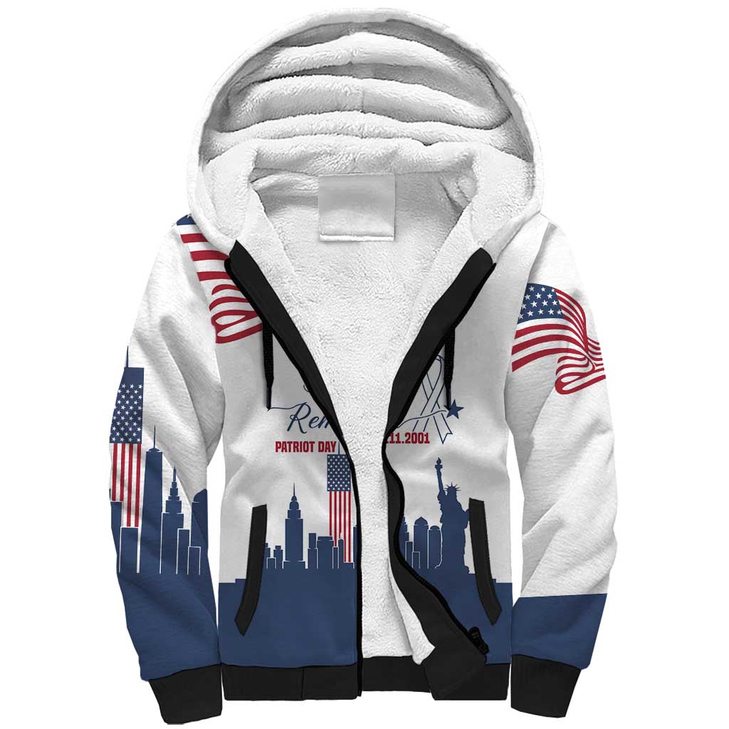 Patriot Day 911 Memorial Sherpa Hoodie American Flag and New York City Skyline Design - Wonder Print Shop