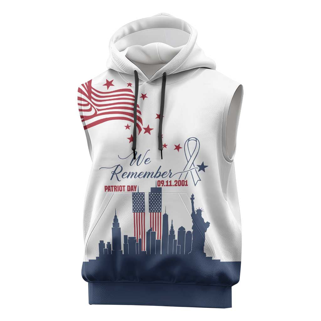 Patriot Day 911 Memorial Sleeveless Hoodie American Flag and New York City Skyline Design - Wonder Print Shop