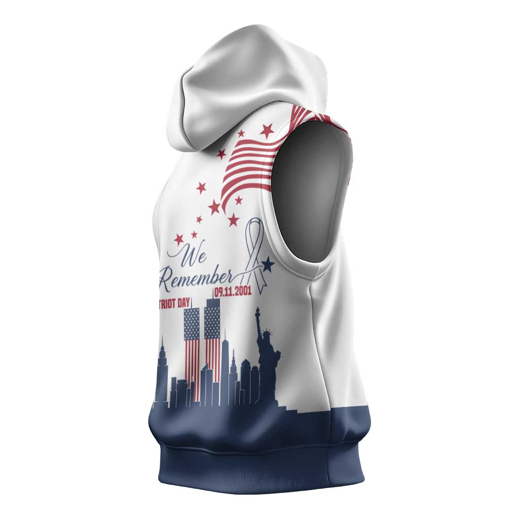 Patriot Day 911 Memorial Sleeveless Hoodie American Flag and New York City Skyline Design - Wonder Print Shop
