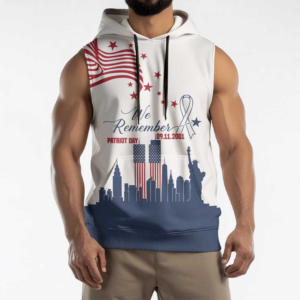 Patriot Day 911 Memorial Sleeveless Hoodie American Flag and New York City Skyline Design - Wonder Print Shop
