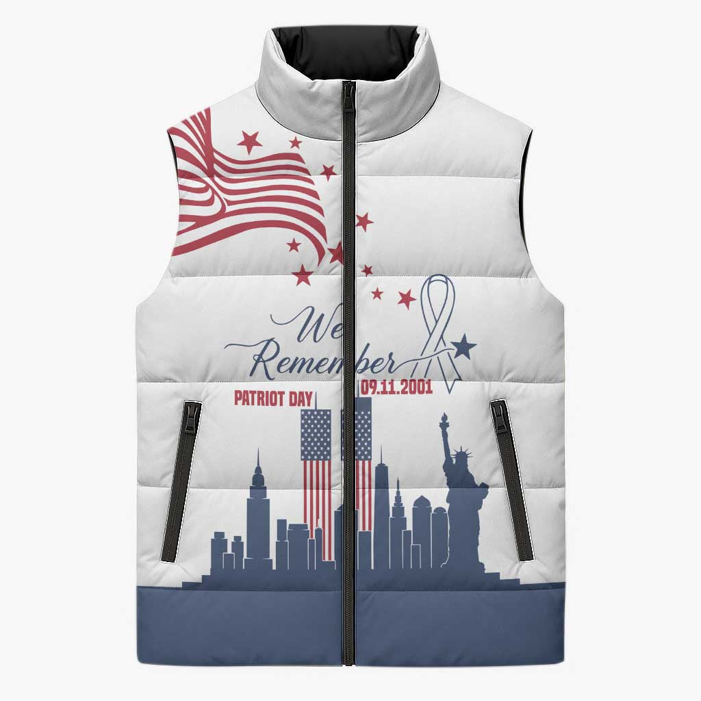Patriot Day 911 Memorial Sleeveless Puffer Jacket American Flag and New York City Skyline Design - Wonder Print Shop
