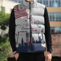 Patriot Day 911 Memorial Sleeveless Puffer Jacket American Flag and New York City Skyline Design - Wonder Print Shop