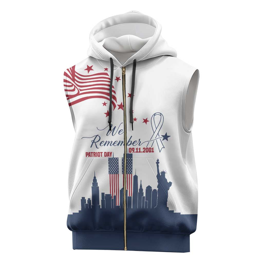 Patriot Day 911 Memorial Sleeveless Zip Hoodie American Flag and New York City Skyline Design - Wonder Print Shop