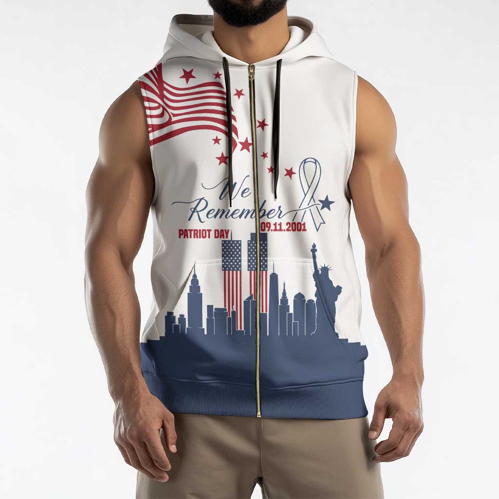 Patriot Day 911 Memorial Sleeveless Zip Hoodie American Flag and New York City Skyline Design - Wonder Print Shop