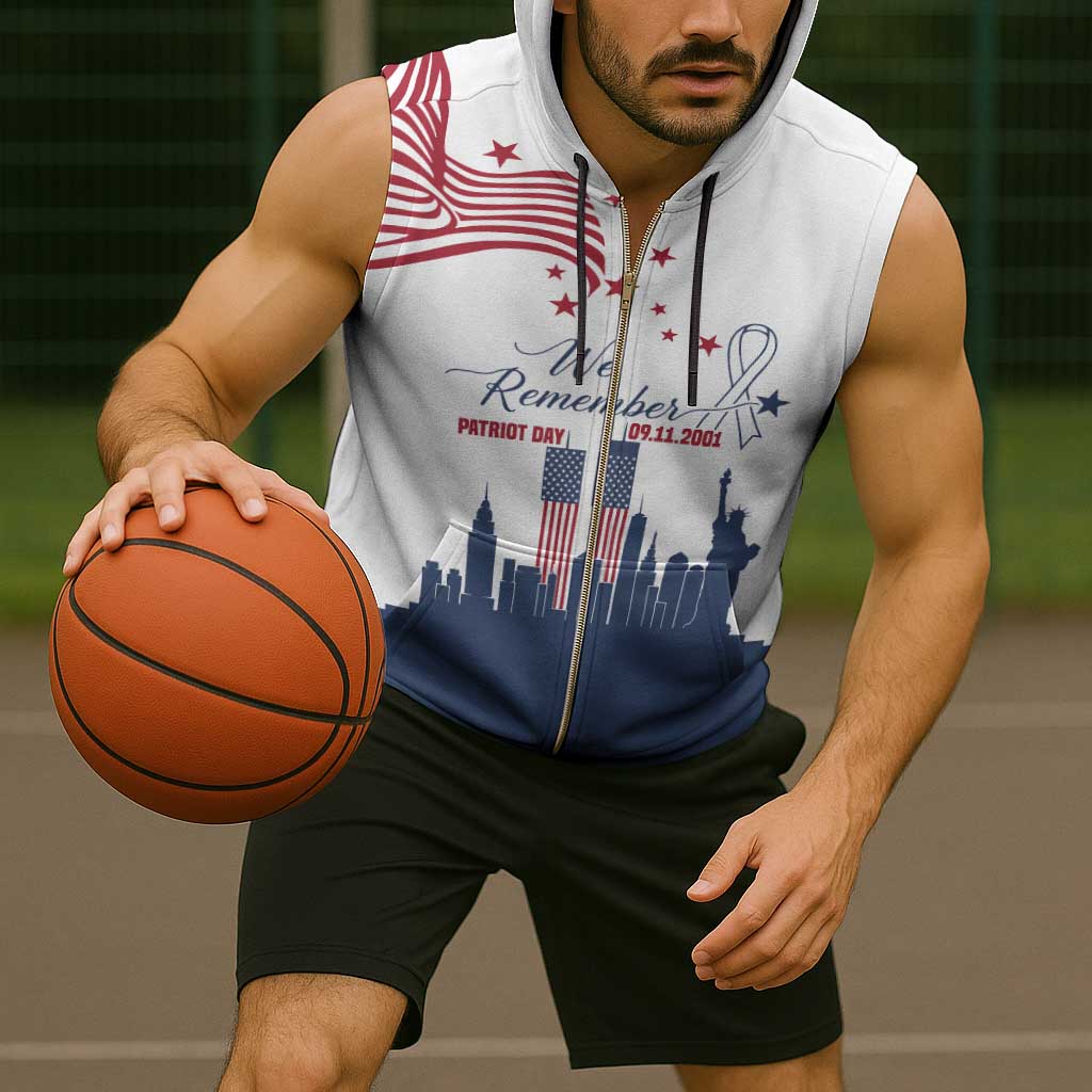 Patriot Day 911 Memorial Sleeveless Zip Hoodie American Flag and New York City Skyline Design - Wonder Print Shop