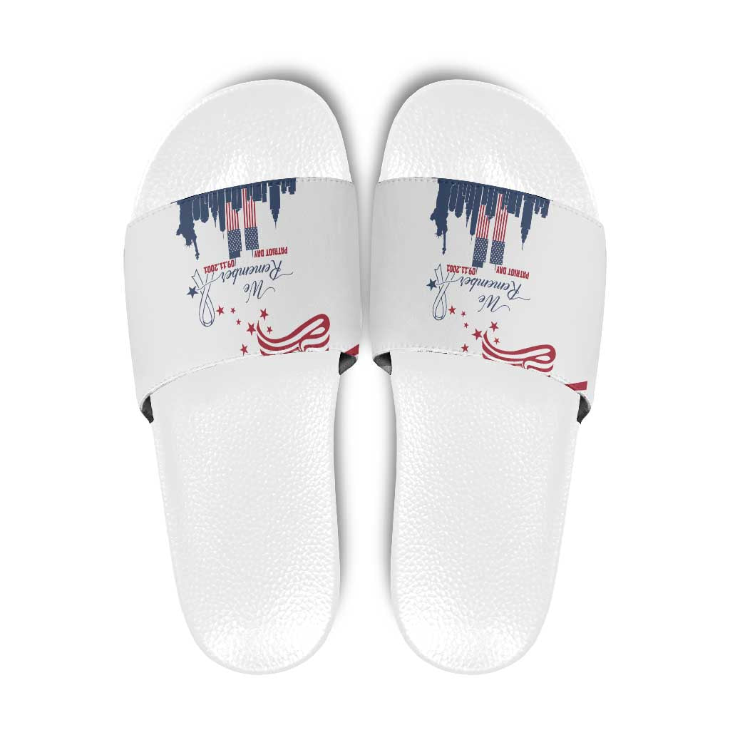 Patriot Day 911 Memorial Slide Sandals American Flag and New York City Skyline Design - Wonder Print Shop