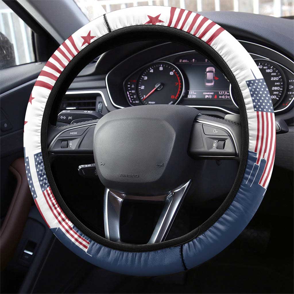 Patriot Day 911 Memorial Steering Wheel Cover American Flag and New York City Skyline Design - Wonder Print Shop