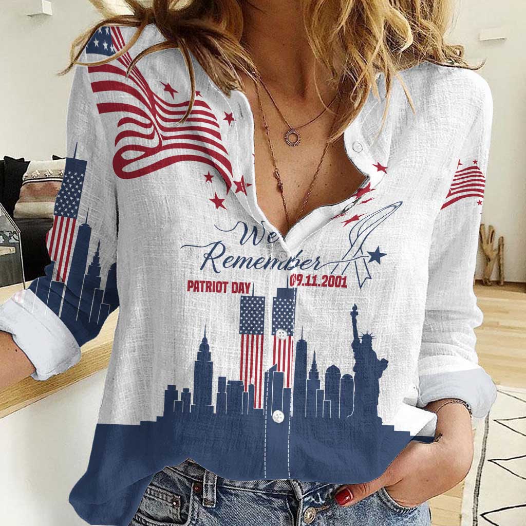 Patriot Day 911 Memorial Women Casual Shirt American Flag and New York City Skyline Design - Wonder Print Shop