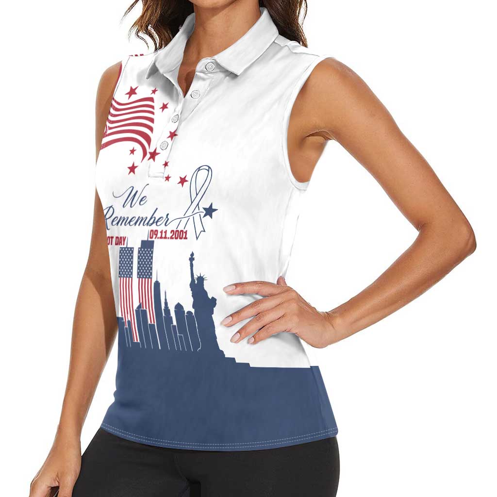 Patriot Day 911 Memorial Women Sleeveless Polo Shirt American Flag and New York City Skyline Design - Wonder Print Shop