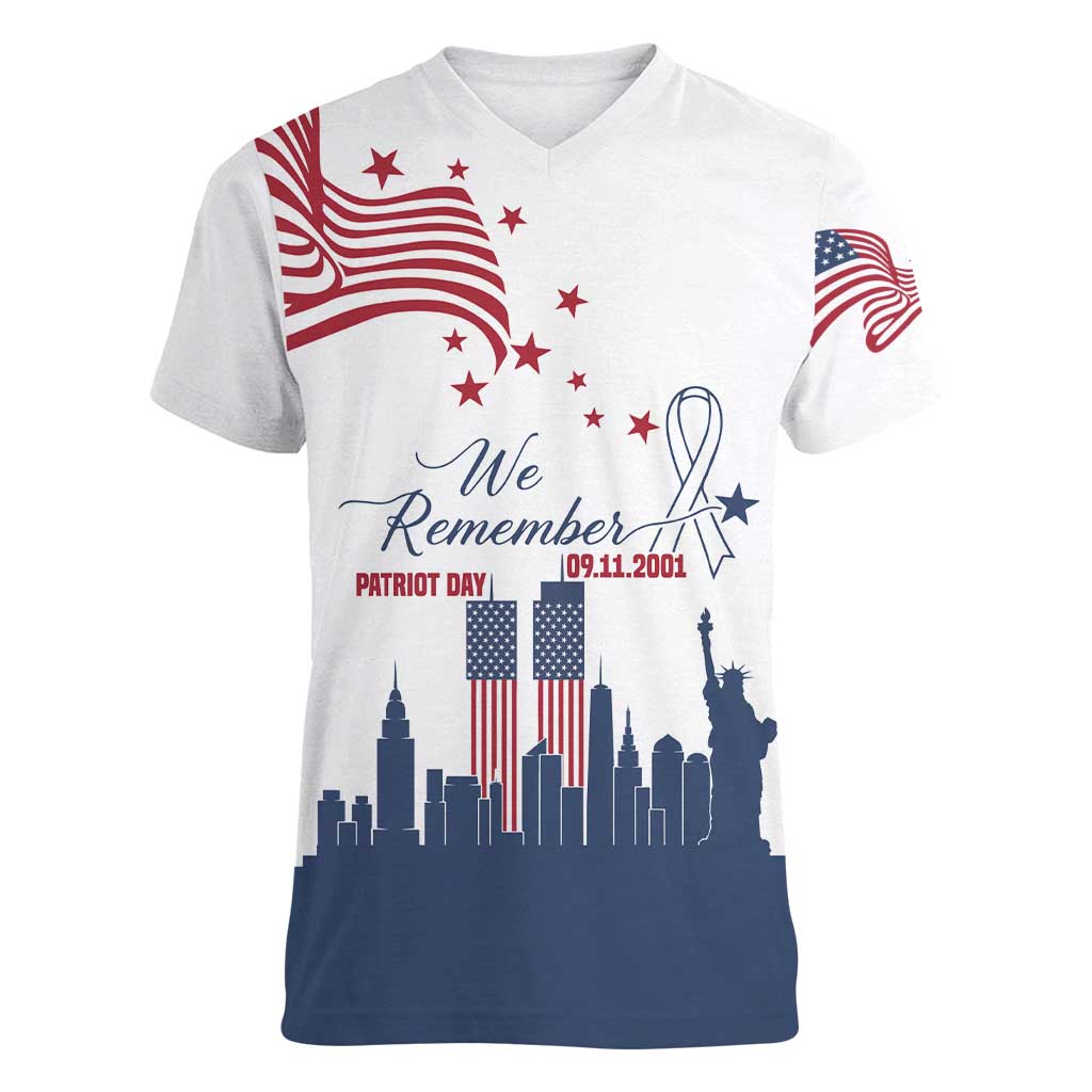 Patriot Day 911 Memorial Women V-Neck T-Shirt American Flag and New York City Skyline Design - Wonder Print Shop