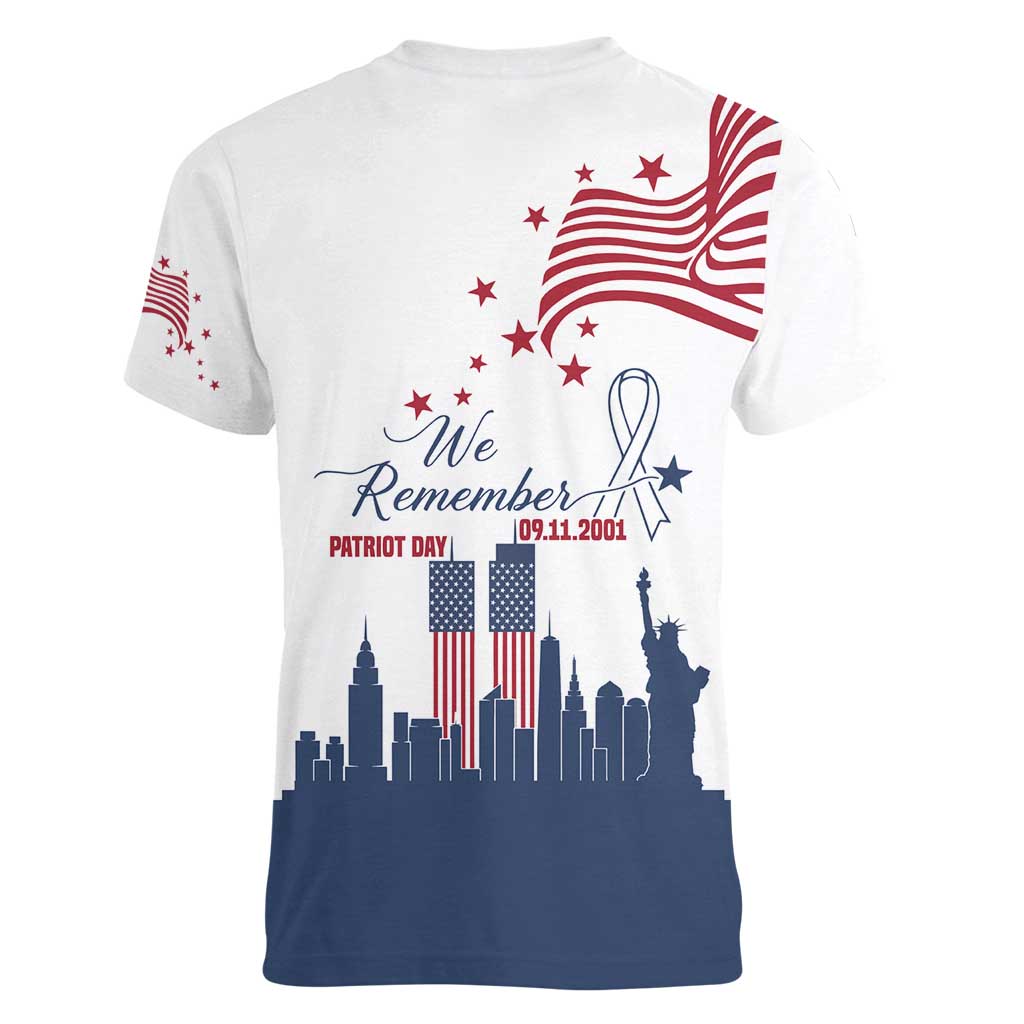 Patriot Day 911 Memorial Women V-Neck T-Shirt American Flag and New York City Skyline Design - Wonder Print Shop