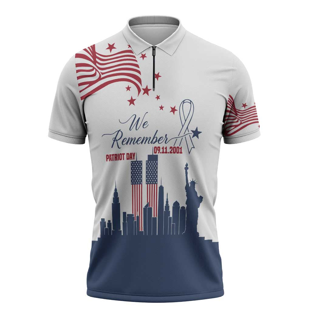 Patriot Day 911 Memorial Zipper Polo Shirt American Flag and New York City Skyline Design - Wonder Print Shop