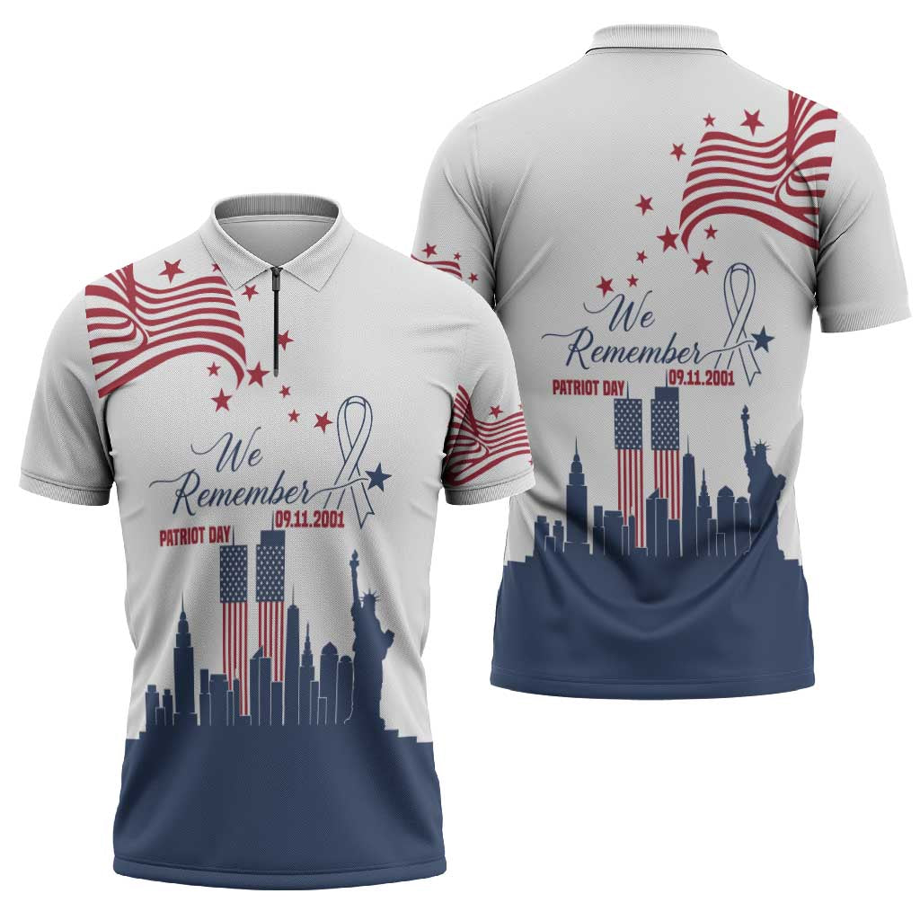 Patriot Day 911 Memorial Zipper Polo Shirt American Flag and New York City Skyline Design - Wonder Print Shop