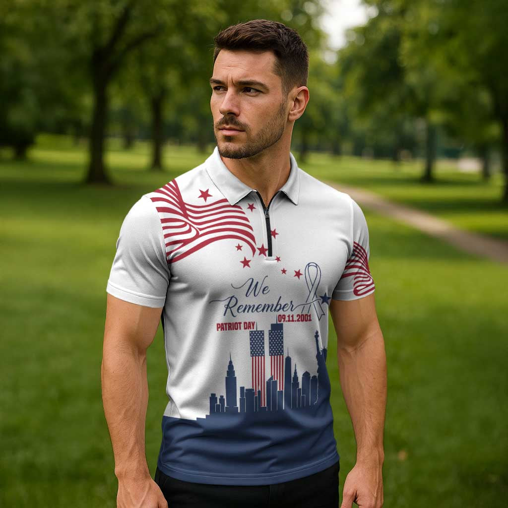 Patriot Day 911 Memorial Zipper Polo Shirt American Flag and New York City Skyline Design - Wonder Print Shop