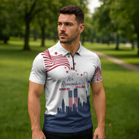 Patriot Day 911 Memorial Zipper Polo Shirt American Flag and New York City Skyline Design - Wonder Print Shop