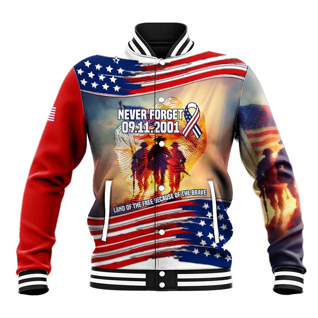 911 Memorial Patriot Day Baseball Jacket American Flag and Soldier Tribute Never Forget - Wonder Print Shop