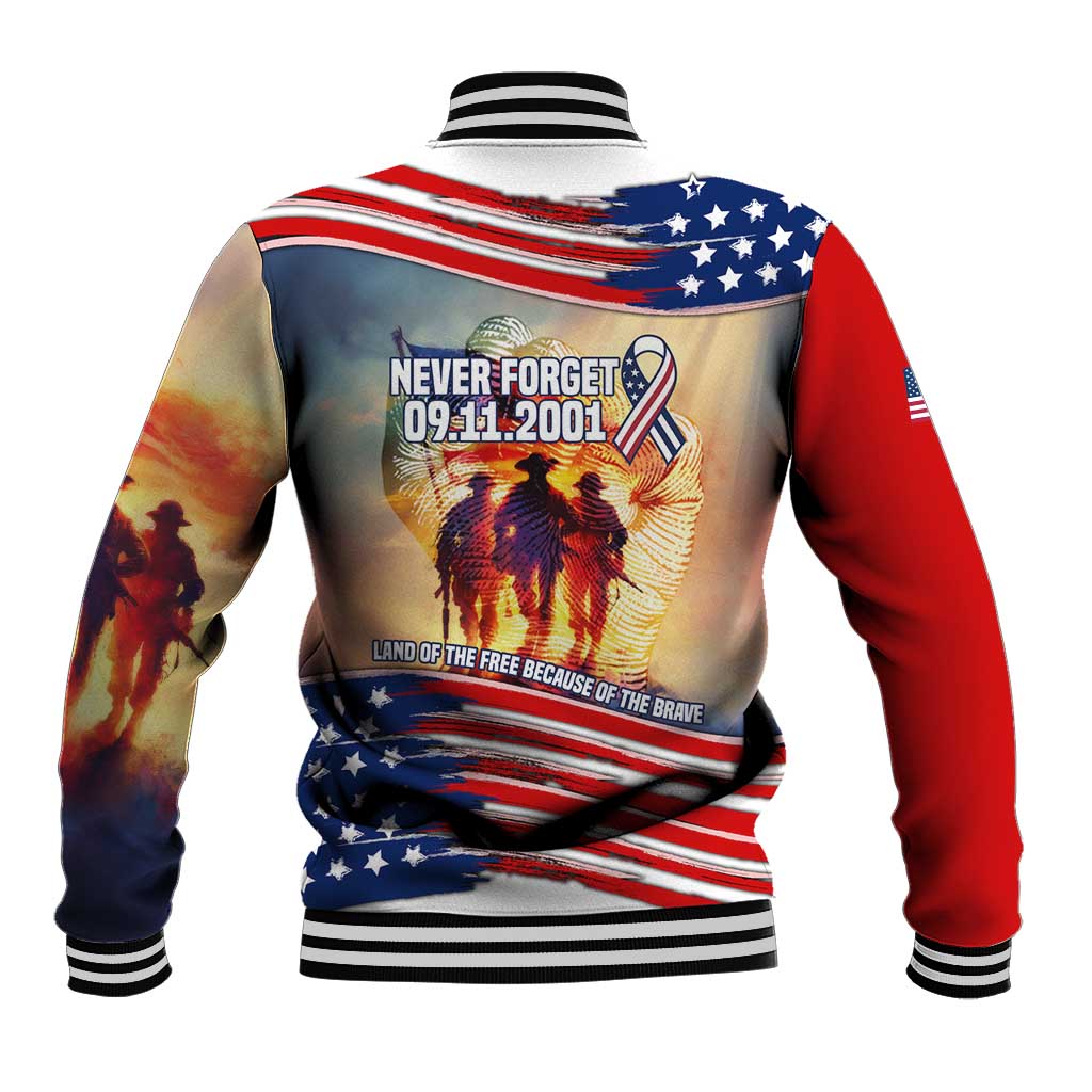 911 Memorial Patriot Day Baseball Jacket American Flag and Soldier Tribute Never Forget - Wonder Print Shop
