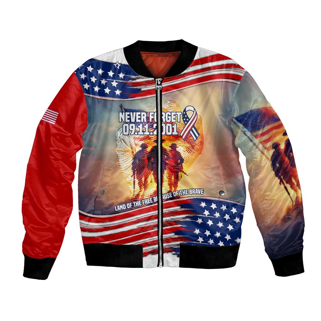 911 Memorial Patriot Day Bomber Jacket American Flag and Soldier Tribute Never Forget - Wonder Print Shop