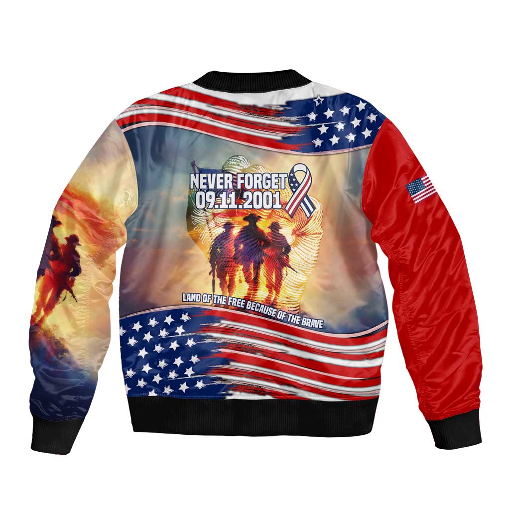 911 Memorial Patriot Day Bomber Jacket American Flag and Soldier Tribute Never Forget - Wonder Print Shop