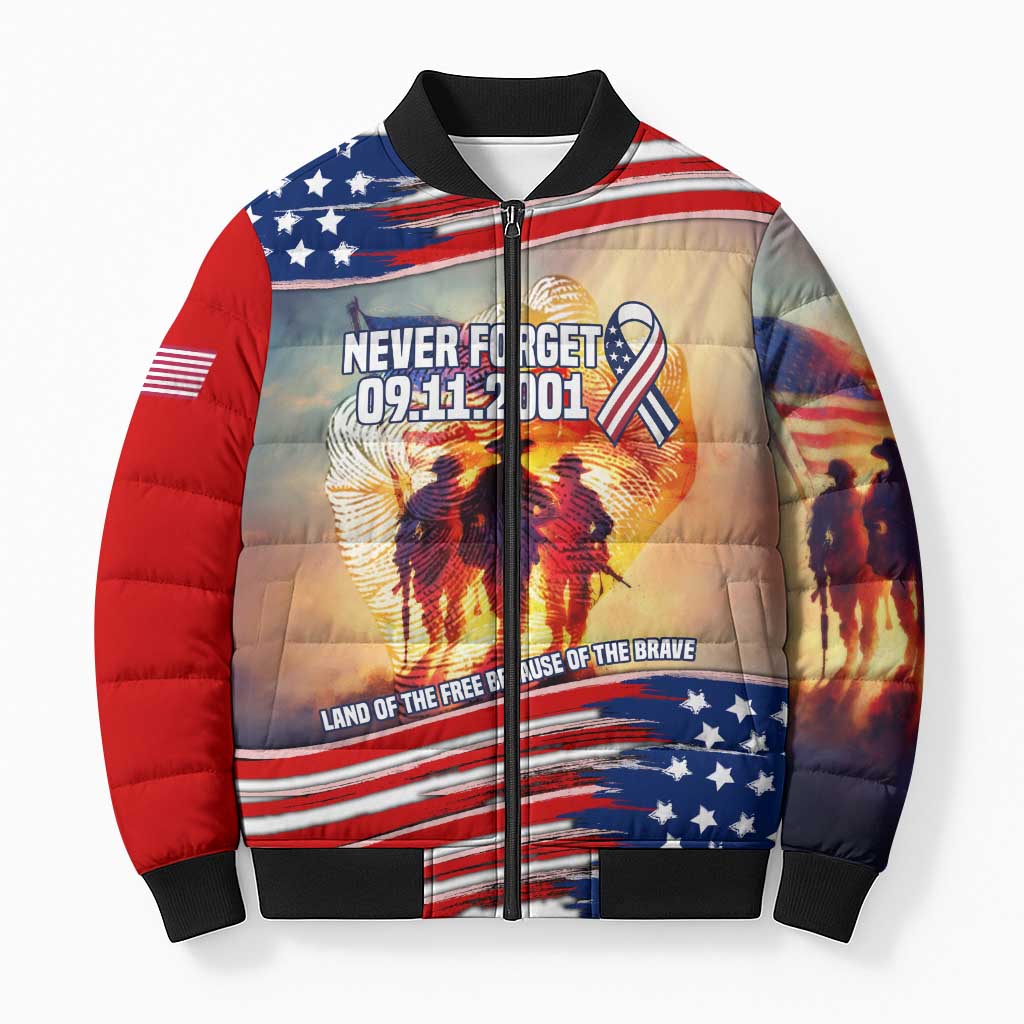 911 Memorial Patriot Day Bomber Puffer Jacket American Flag and Soldier Tribute Never Forget - Wonder Print Shop