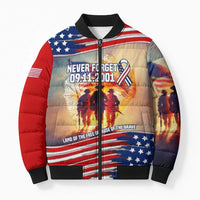 911 Memorial Patriot Day Bomber Puffer Jacket American Flag and Soldier Tribute Never Forget - Wonder Print Shop