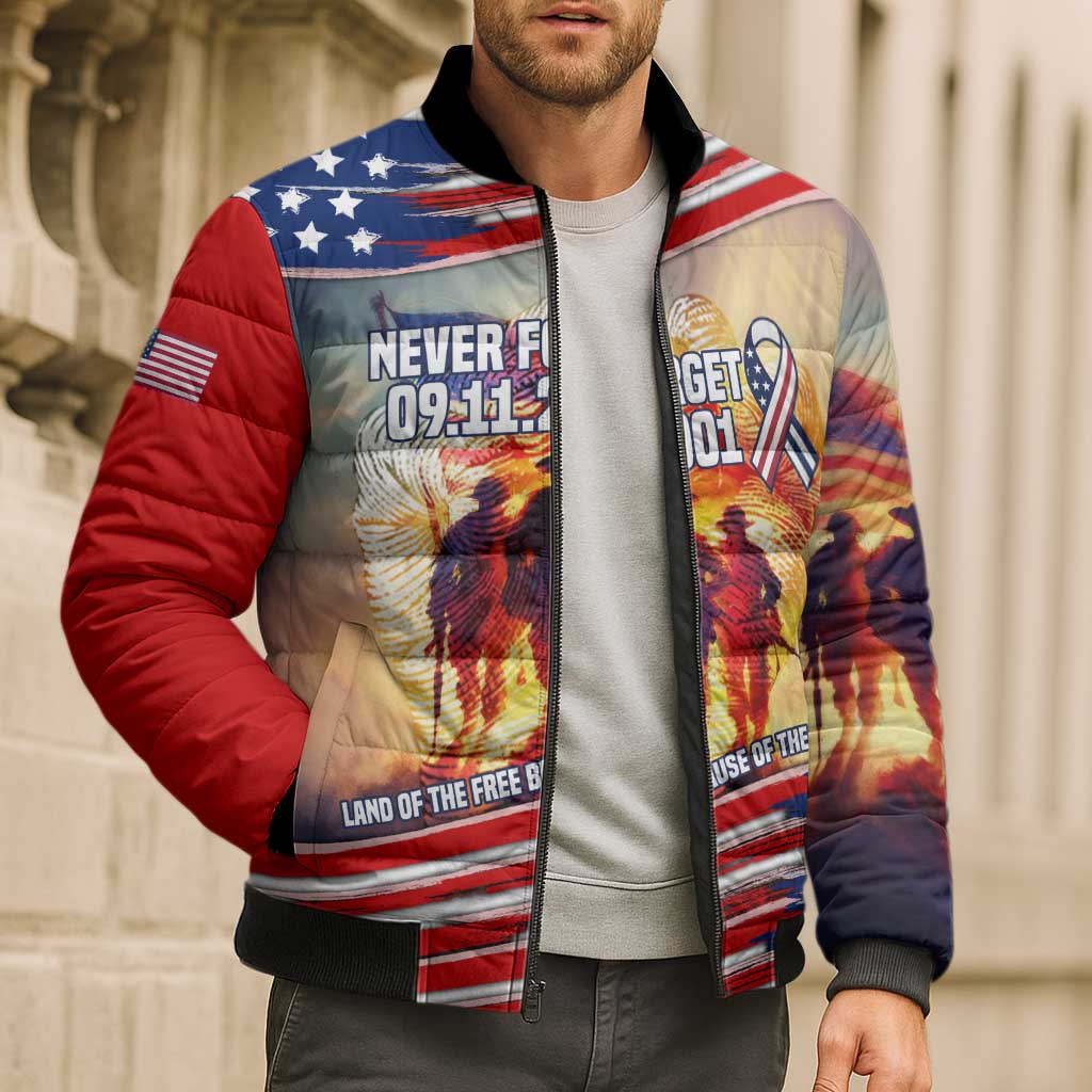 911 Memorial Patriot Day Bomber Puffer Jacket American Flag and Soldier Tribute Never Forget - Wonder Print Shop