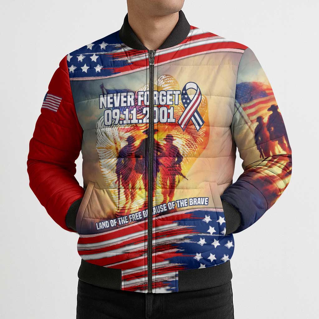 911 Memorial Patriot Day Bomber Puffer Jacket American Flag and Soldier Tribute Never Forget - Wonder Print Shop