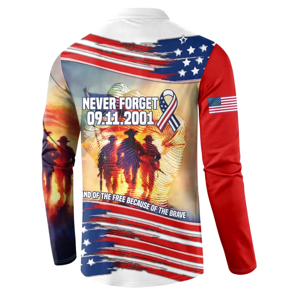 911 Memorial Patriot Day Button Sweatshirt American Flag and Soldier Tribute Never Forget - Wonder Print Shop