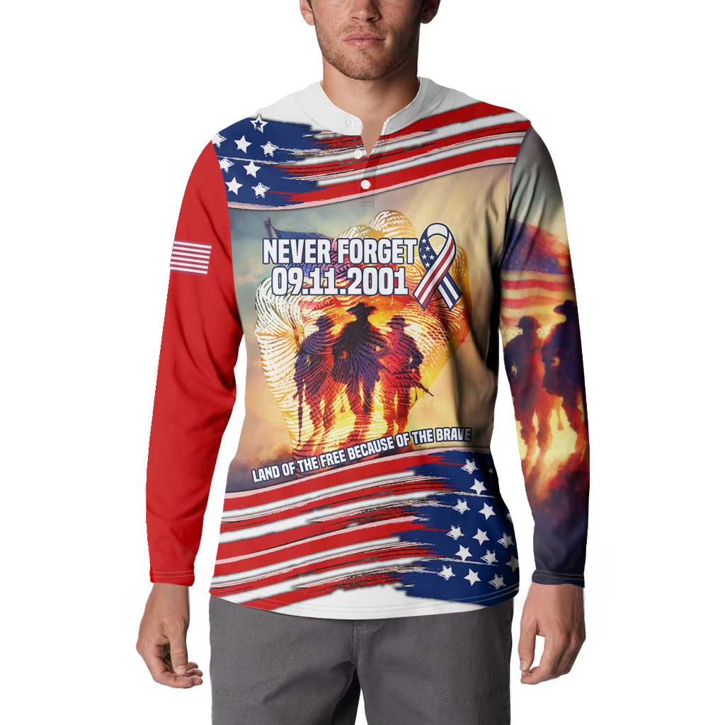 911 Memorial Patriot Day Button Sweatshirt American Flag and Soldier Tribute Never Forget - Wonder Print Shop
