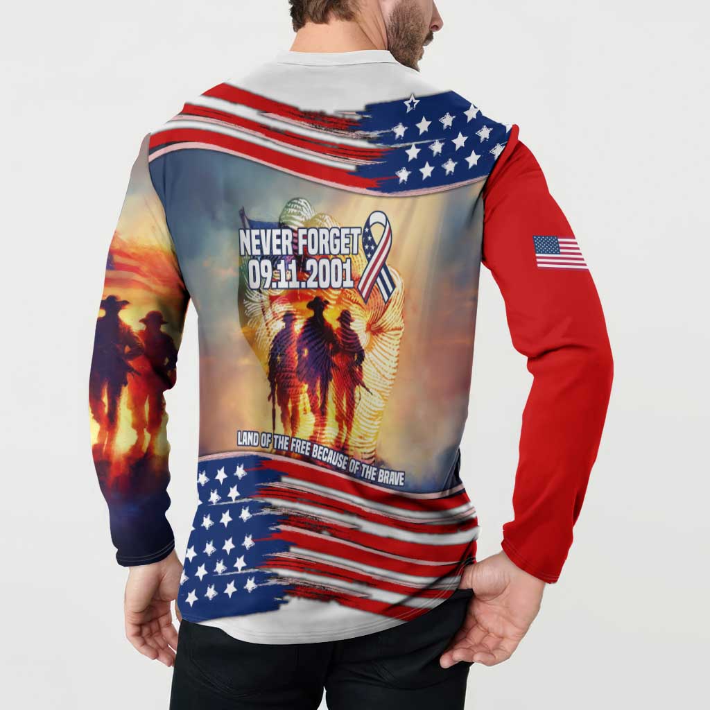 911 Memorial Patriot Day Button Sweatshirt American Flag and Soldier Tribute Never Forget - Wonder Print Shop
