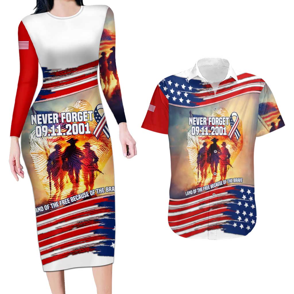 911 Memorial Patriot Day Couples Matching Long Sleeve Bodycon Dress and Hawaiian Shirt American Flag and Soldier Tribute Never Forget - Wonder Print Shop