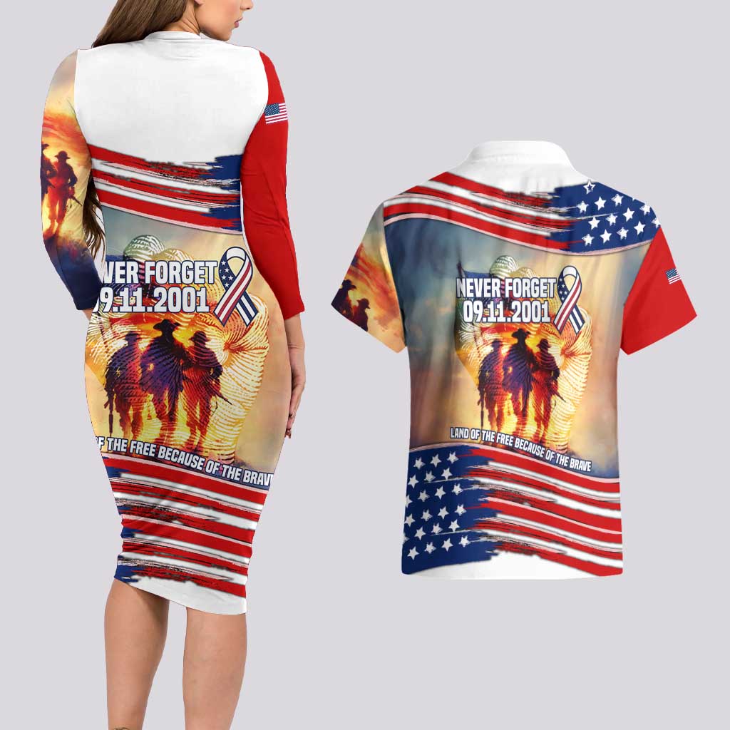 911 Memorial Patriot Day Couples Matching Long Sleeve Bodycon Dress and Hawaiian Shirt American Flag and Soldier Tribute Never Forget - Wonder Print Shop
