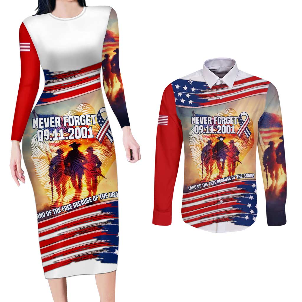 911 Memorial Patriot Day Couples Matching Long Sleeve Bodycon Dress and Long Sleeve Button Shirt American Flag and Soldier Tribute Never Forget - Wonder Print Shop