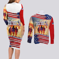 911 Memorial Patriot Day Couples Matching Long Sleeve Bodycon Dress and Long Sleeve Button Shirt American Flag and Soldier Tribute Never Forget - Wonder Print Shop